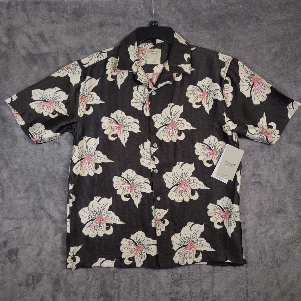 Massive Luxury Crinkle Hibicius Charcoal Polyester Hawaiian Shirt Size Smal NWT